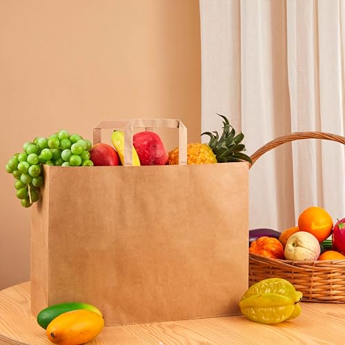 SUNCOLOR Brown Reusable Paper Bags with Handles - 50 Pack - 16x6x12 Inches - Large Shopping & Gift Bags - Kraft Construction