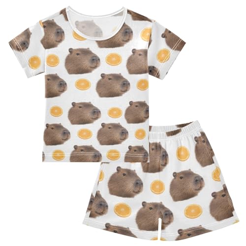 Capybara Orange Pattern Summer Cute Pajama Sets, Short Sets for Daily Wears and Sleep Wears