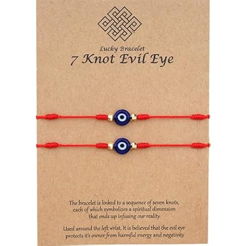 VIUJUH Evil Eye 7 Knot Bracelet with Hand Painted Evil Eye on a Hand Woven Adjustable Bracelet String Amulet for Women Men Little Boys & Girls (Red) Cover