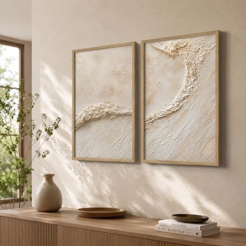 Image of Livin'luxe Set of 2 Beige Abstract Texture Wall Photo with Frame for Living Room Bedroom Hall Office Decor, Premium Wooden Synthetic Frame Luxury Artwork Gift