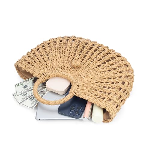 Image of YYW Straw Bags for Women,Hand-woven Straw Top-handle Bag with Round Ring Handle Summer Beach Rattan Tote Handbag