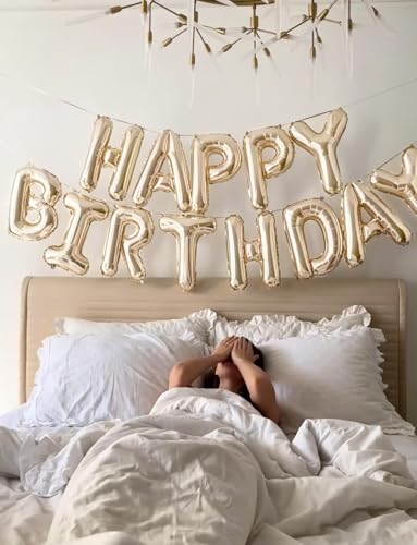 Image of Champagne Gold Happy Birthday Balloon Banner, 16-Inch Foil Letter Balloons, Elegant Birthday Decorations for Women Girls, Adult Birthday Party Photo Backdrop