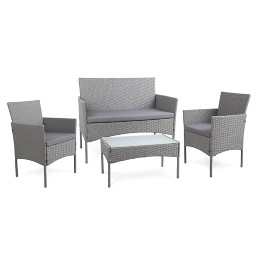 BENEFFITO Tulum - Conjunto Muebles de Jardin de Resina Trenzada Gris - 4 Asientos: 1 sofá, 2 sillones, 1 Mesa de Centro - Cojines Gris con Cremallera
