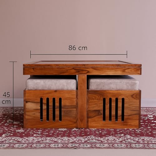 Image of Solid Sheesham Wood Coffee Table and 4 Stools with Coushion, Tea Table, Teapoy and Glass Top Furniture for Living, Guest Room, Holl Areas (Honey Finish)