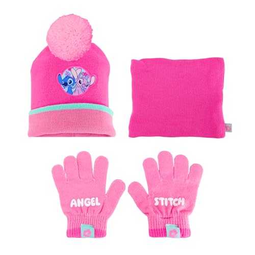 Disney Stitch y Angel Gorro Bufanda y Guantes para Niñas, Gorro