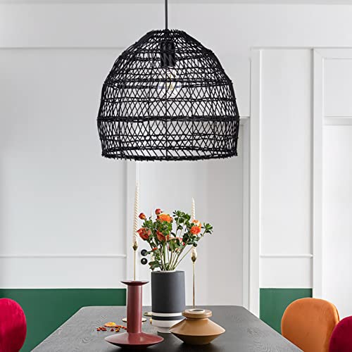 WalmHomie 1 Light Rattan Ceiling Chandelier Wicker Basket Pendant Light Shades Ceiling Hanging Lamp for Dining Room Bedroom Black