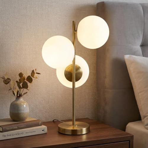 BARCELONA LED   Lámpara de Mesa ROM Dorada – 3 Esferas de Cristal Opalino. 3x casquillo E27 – Lámpara de Escritorio o Mesita de Noche. Iluminación Decorativa para Salón, Dormitorio u Oficina
