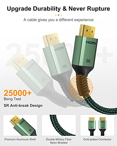 Batbi 8K Hdmi 2.1 Cable 10F/3M 48Gbps 8K@60Hz、4K@120Hz Ultra High Speed Hdmi Earc Cable For Hdcp2.2/2.3 Hdr10 3D,Compatible With Dolby Vision Apple Tv/Ps5/Ps4/Roku Tv/Hdtv/Blu-Ray/Lg/Samsung Qled #TOP3