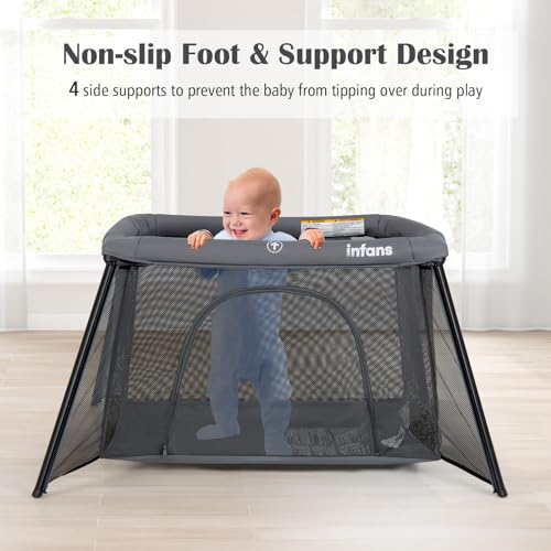 Image of INFANS Travel Crib, Portable Baby Playpen with Removable Bassinet Soft Mattress Carry Bag, Foldable Lightweight Playard for Newborns Toddlers (Dark Gray)