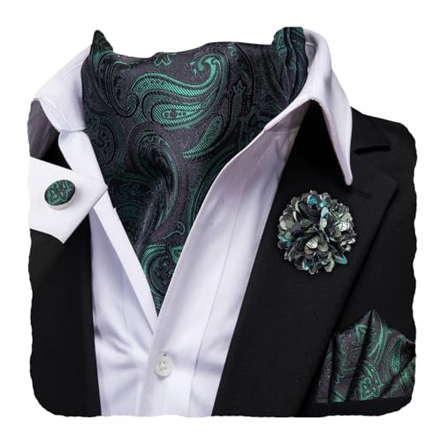 Image of Hi-Tie Silk Ascot for Men Self Tie Men's Cravat and Flower Lapel Pin Handkerchief Cufflinks Set for Wedding Party