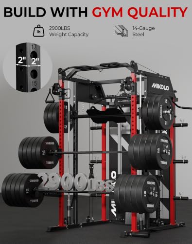 Image of Mikolo Smith Machine with Weight Stack, Power Cage Home Gym System with LAT Pulldown & Cable Crossover, Multi-Functional Trainer with Dual Pulley System, Includes 10+ Free Attachments