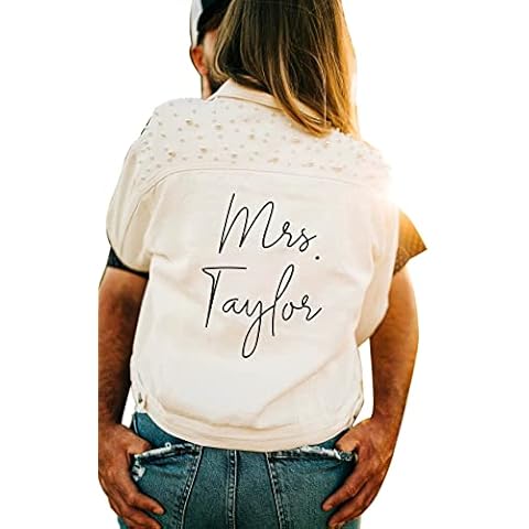 Customized Women's Pearl Denim jackets Future Mrs. Jacket Wedding Jacket Wifey Jacket Personalized, White, Large Cover