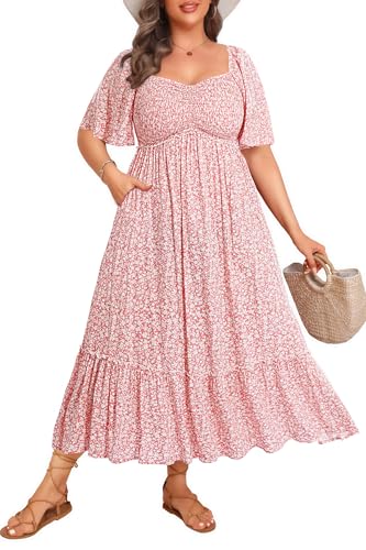 Image of Plus Size Summer Dresses - Maxi Casual Wedding Guest Graduation Easter Long Dress with Pockets