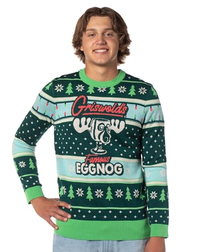 National Lampoon's Christmas Vacation Men's Marty Moose Eggnog Glass Cup Funny Ugly Christmas Sweater (Small) Multicolored
