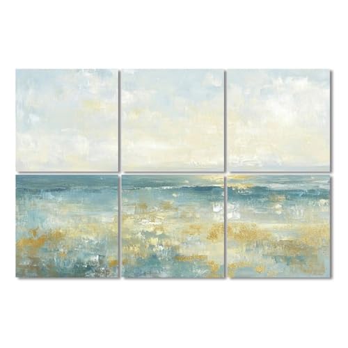 6 Pack de Paneles Acústicos Artísticos Absorbentes de Sonido Azul Gold Coast Seascape Abstracto Horizonte Línea Océano Cielo Reflejado Paneles Decorativos para Pared con Auto Adhesivo para Estudios de Grabación Oficina 72"x48" miniatura 1
