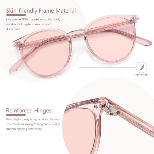 Image of Indoor FL-Flex Round Tinted Blue Light Blocking Glasses for Migraine, Fluorescent Light Sensitivity, Photophobia & LED Gaming Computer Screen Glare RF6213 (Light Rose Lens Pink Frame)