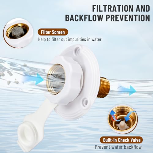 Image of RV Water Inlet Flange Brass with Check Valve 3 /4 NH Female to RV Water Inlet Replacement 1 /2 NPT Male Flush Mount Lead-free Brass Water Inlet with Dust Plug for RV Camper Motorhome