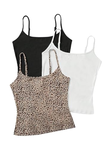 Floerns Girl's 3 Piece Summer Cami Top Spaghetti Strap Cheetah Casual Camisole