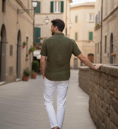 Image of Glowic Men Linen Shirt Casual Regular Fit Solid Stylish Summer Wear Shirt for Office Party Beach Holiday Lightweight Breathable Fashion Shirt