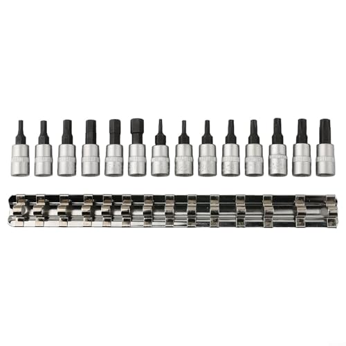 Yuanpgky Juego de 14 llaves hexagonales de 1/4 pulgadas y para llaves de vaso Torx para H3-H8 / T8-T40, cabeza de manga magnética, acero antioxidante de alta dureza con estante de almacenamiento