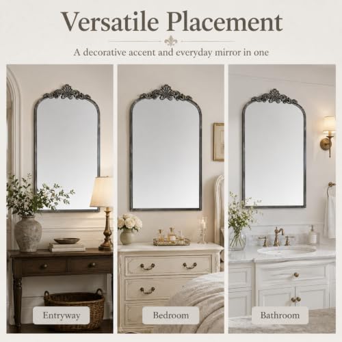 Image of Arched Wall Mirror, 21x31 inch Baroque Traditional Design, Antique Black