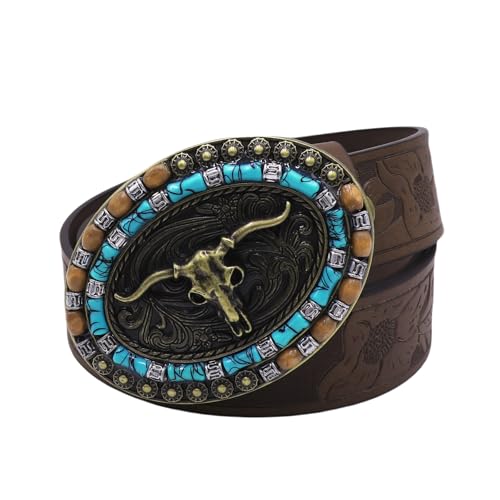 JUMISEE Longhorn Bull Western Leather Cowboy Belts for Men Women Engraved Buckle Belt Cowgirl Country Waist Belts3