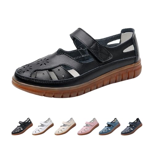 Women's Closed Toe Leather Sandals,Summer Comfort Non-slip Oxford Orthopedic Ankle Strap Casual Dress Mary Jane Shoes
