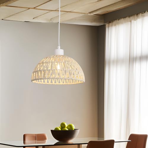 lux.pro Hängelampe Alton Hängeleuchte 1 x E27 Lampenschrim aus Rattan Metall Pendelleuchte 156 cm höhenverstellbar Pendellampe Weiß
