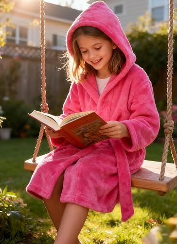 Image of Girls Fleece Hooded Robes, Warm Printed Bath Robe for Kids Soft Fuzzy Bathrobe for Gifts