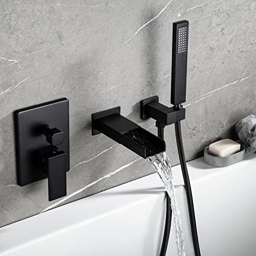 Taplong Wall Mounted Bathtub Faucet With Handheld Shower, Single Handle Tub Filler, 3 Holes Contemporary Waterfall Tub Faucet (Rough-In Valve And Trim Kit Included), Wall Mounted, Matte Black, 00141B #TOP11