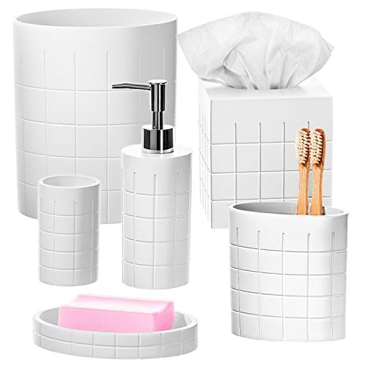 Conjunto de acessórios de banheiro Polar White – Conjunto de acessórios de banheiro com 6 peças, com dispensador de sabonete, suporte de escova de dentes, copo, saboneteira, capa quadrada para lenços e cesto de lixo