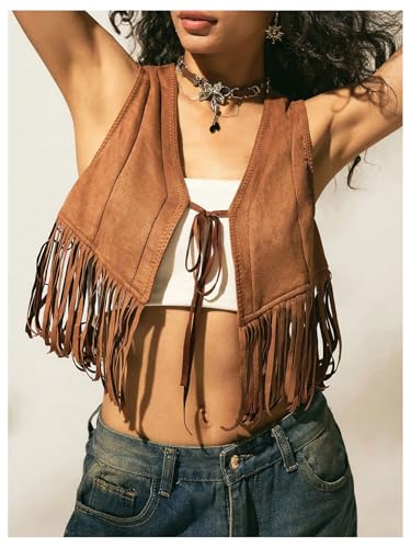 Verdusa Women's Western Boho Fringe Sleeveless Crop Vest Cardigan Tie Front Tassel Jacket4