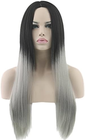 Women's Long Straight Cosplay Pastel Wigs Carve Full Hair Wig Black Root to Grey