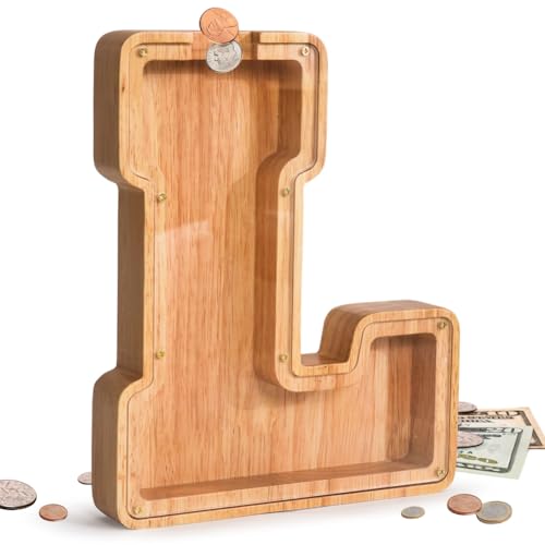 Image of Letter Piggy Bank PrimRend® Personalized Wooden Money Coin Cash Saving Bank for Boys Girls Kids Toddler Gifts for Birthday|Christmas|Baby Shower|Children's Day Extra Large 12 Inch, Alphabet L
