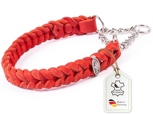 CopcoPet Fettleder Halsband 60–65cm x 25mm Rot – Geflochten mit Zugstopp-Kette – Robust & weich – Verchromte Kette – Lederhalsband für große Hunde, Training & Alltag