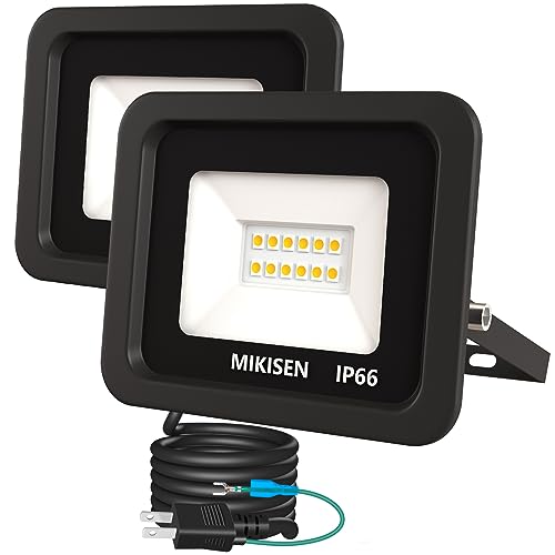MIKISEN led 投光器 作業灯 看板灯 10w 電球色 1200LM 3000K 100w相当 1.8コード IP66防水 アース端子付2Pプラグ 120°広角 100V対応 ワークライト 工事用ライト ledライト 作業灯 外灯 集魚灯 駐車場用 倉庫照明 防犯灯 船舶 屋内 屋外作業 BBQ用 日本語取扱説明書【PSE認証済み 2個セット】