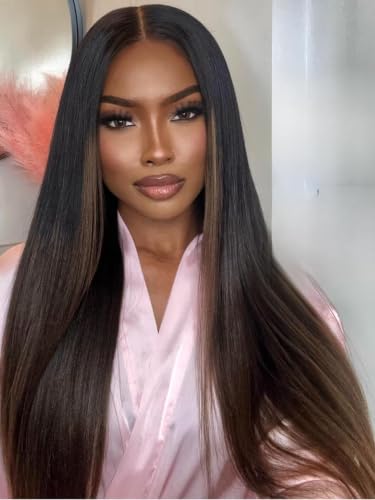 UNICE Chestnut Brown Ombre Yaki Straight 7x5 Pre Cut HD Lace Front Wigs Human Hair with Drawstring Bye Bye Knots Glueless Wig Pre Plucked Bleached Knots Natural Hairline 150% Density 24 inch