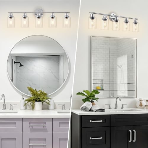 Image of 5-Light Bathroom Light Fixtures, Modern Chrome Vanity Lights for Bathroom with Clear Glass Shade, Wall Lamps for Mirror Hallway Kitchen Cabinet Living Room Sconces Lights