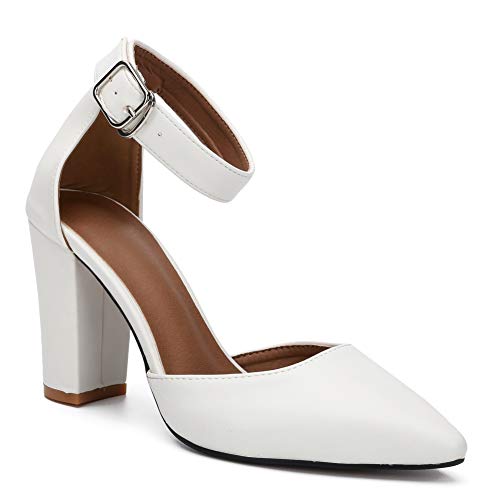 fereshte Women's Chunky Block Heels Closed Toe Ankle Strap Pumps Pointed Toe High Heel Dress Shoes - Image 4