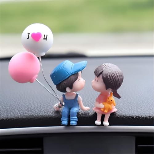 Image of Cute Cartoon Couple Dashboard Figurines - Car Interior Decoration Ornaments with Balloon Props - Romantic Action Figures for Car, Home & Gifting