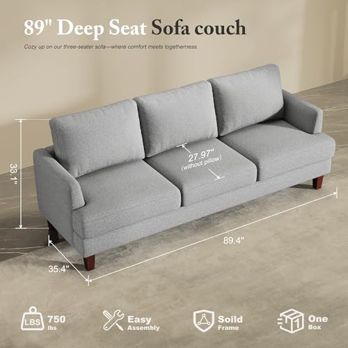 Image of Busaurus 3 Seater Sofa Couch with Deep Seats, 89 inch Mid Century Modern Upholstered Sofa with Armrests, Comfy Couches for Living Room, Bedroom, Apartment and Office, Grey