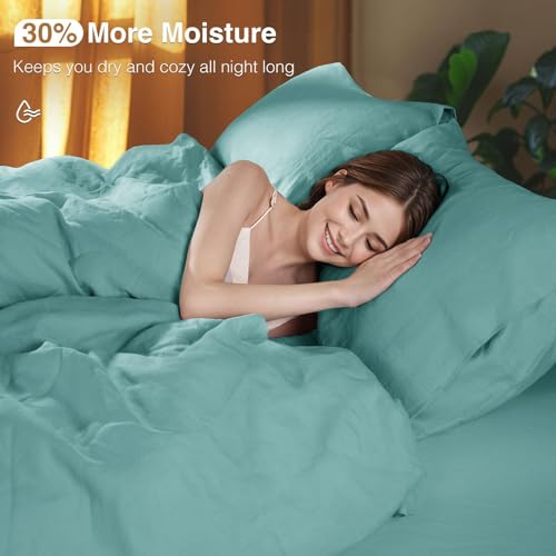 SONORO KATE 100% French Linen Duvet Cover Queen Size, Soft Breathable for Hot Sleepers, Moisture Wicking & Durable Cover Set - Zipper Closure & 4 Corner Ties Duvet Covers 3 Piece (Aqua,Queen)