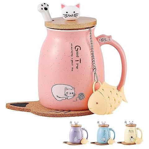Taza de café de cerámica MengCat con diseño de gato y tapa Cover