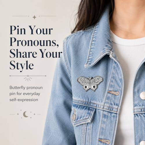 Image of LGBTQ Pronouns Cute Butterfly Pin - She They /He Him /They Them /She Her /He They Gender Identity Bulk Pins for Pride Parade, Daily Wear, Lapel, Hat, Backpack(Free 1pc Pride Sticker Included)
