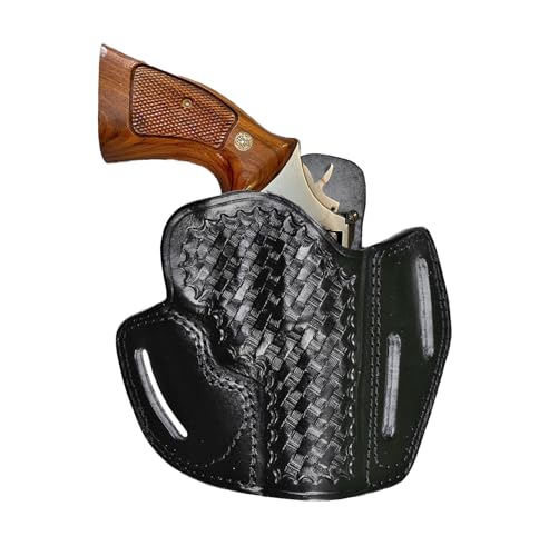 Sporty Leather Belt Holster Fits Ruger SP101 GP100, Premium Leather, Basket Weave, Fast Draw, Handmade, 3 Slot Style, Right Handed - ShnLeather (Black, SP101 4.2