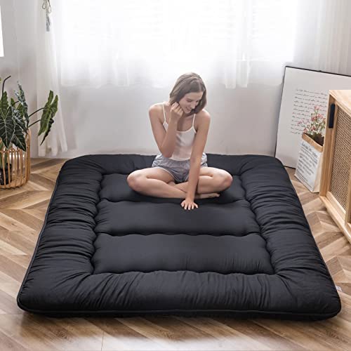 Image of MAXYOYO Japanese Floor Mattress Futon Mattress, 4 inch Thicken Tatami Mat Sleeping Pad Foldable Roll Up Mat Boys Girls Dormitory Pad Kids Floor Lounger Cushion, Black, Queen