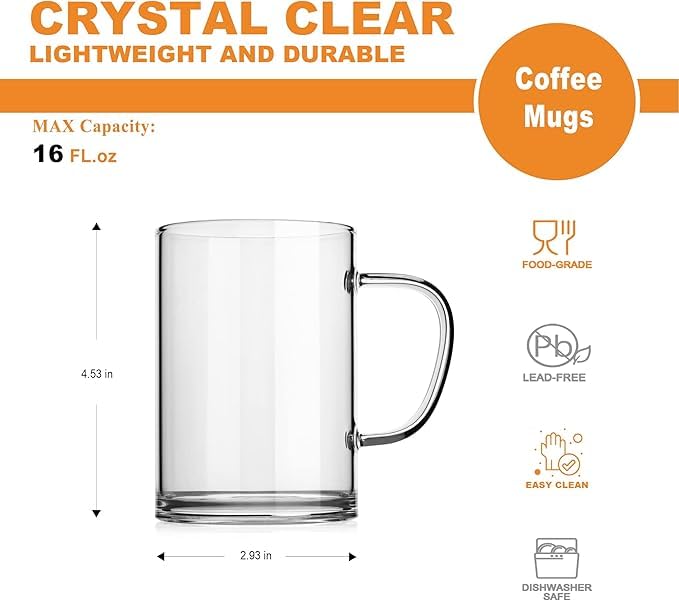 Image of PrimeWorld Glass Coffee Mugs - Set of 4, 470 ml | Large Clear Glass Tea & Coffee Cups | Lead-Free Flat Bottomed Glasses for Latte, Milk, Water & Everyday Beverages