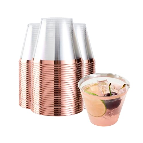 Restaurantware Party Cups 9 oz Pack of 20 Clear Plastic Cups with Rose Gold Rim Disposable Durable Plastic Glasses Cold Food-Friendly Tumblers for Cocktails at Birthday Parties Pool Parties