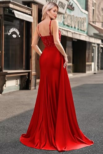 Women's Satin Mermaid Prom Dresses with Slit Sparkly Lace Empire Waist V Neck Evening Gowns 20252