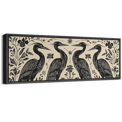 Image of MUDECOR Large Framed Canvas Print Wall Art Folk Art Heron Birds Floral Black and Cream Antique Retro Ready to Hang Painting for Living Room Bedroom Multi-Sizes - 60 inchx20 inch